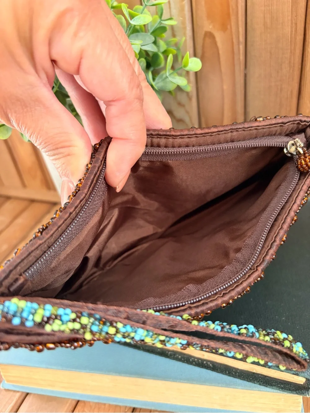 Hand Beaded Boho Clutch Wristlet in Brown Turquoise & Lime Green Seed Beads Y2K